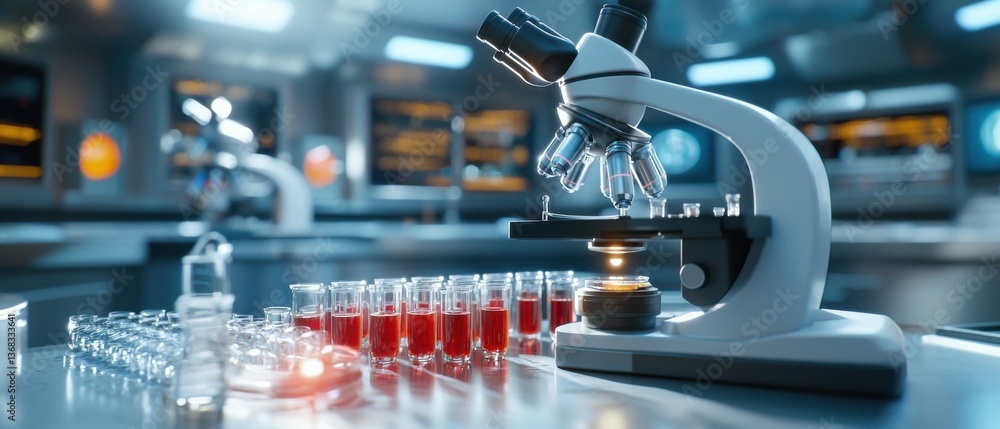 Aufkleber a detailed close-up view of a high-tech laboratory experiment, showcasing a microscope and various s