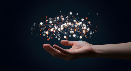 Human Hand Presenting Abstract Digital Network with White and Orange Elements on a Dark Background
