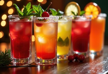 vibrantly colored holiday cocktails fresh garnishes festively styled celebratory drink moments, beverage, fruit, orange, grenadine, lemon, berry, mint