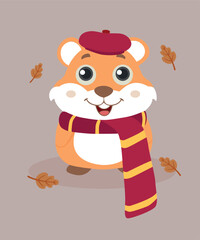 Flat Design Illustration with Hamster Wearing Beret,Scarf and Leaves Background