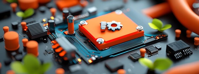 A conceptual digital showcasing the complex inner workings of computer hardware data processing systems and server logic rendered in a vibrant neon infused color palette with a sleek