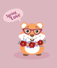 Flat Design Spring Lover Illustration with Hamster Wearimng Flowers,Sunglasses