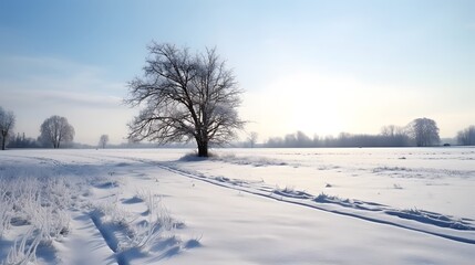 Beautiful Snow Landscape Showcasing an Open Field Under Clear Blue Sky Isolated on a White Background Highlighting Winter's Simplicity