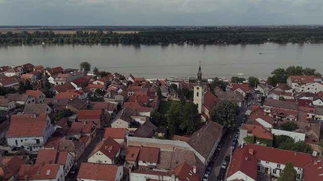 Zemun, Belgrade old town aerial shot 