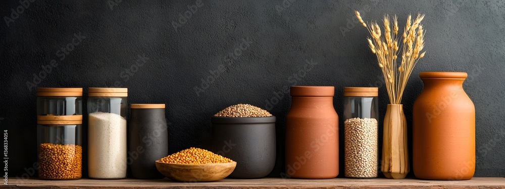 Aufkleber a curated display of wooden kitchenware vessels overflowing with an array of pulses legumes and whol
