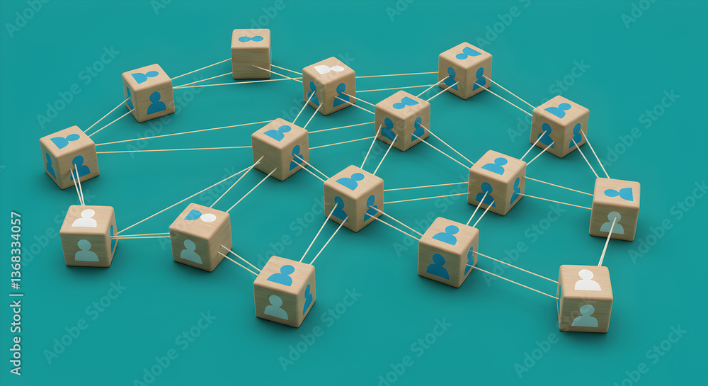 Poster isometric social network visualization with turquoise background cubes and dotted lines represents c