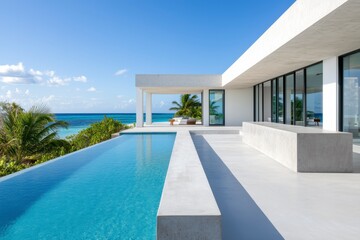 Fototapeta premium Modern Beachfront Villa with Pool Overlooking Clear Blue Water