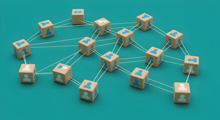Isometric Social Network Visualization with Turquoise Background Cubes and Dotted Lines Represents Connections
