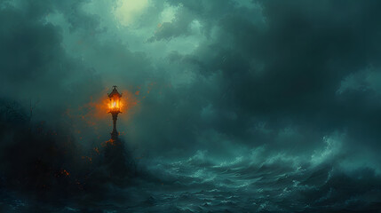 Stormy seascape at dusk with a glowing lighthouse illuminating turbulent waves