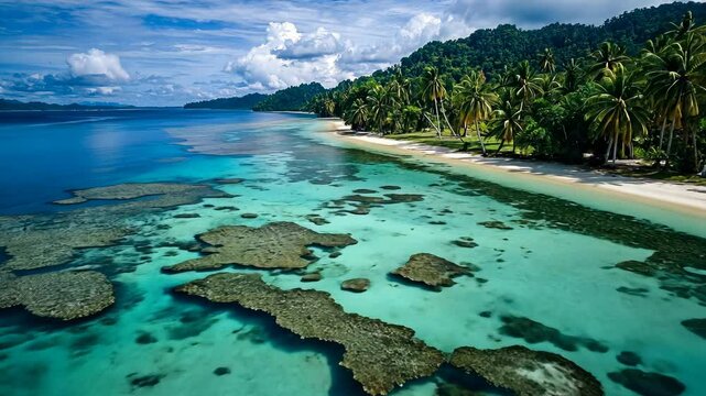 A drone view of a vibrant coral reef in shallow troal waters digital