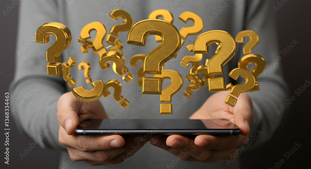 Leinwandbilder man holds mobile phone displaying golden question marks floating above with textured surface