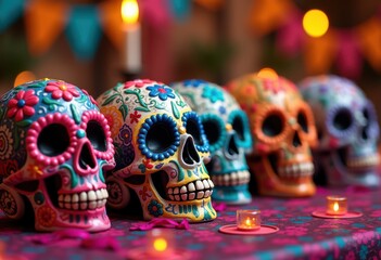 Fototapeta premium vibrantly colored sugar skulls floral decorations intricate patterns celebrating day dead festivities, temp, celebration, culture, artwork, design