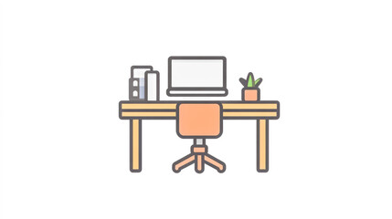 A home office icon featuring a desk, laptop, chair, potted plant, and workspace essentials