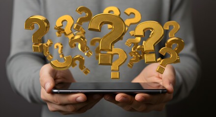 Man Holds Mobile Phone Displaying Golden Question Marks Floating Above With Textured Surface