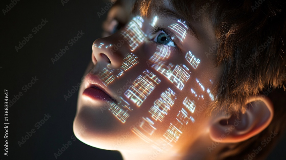 Poster Child observing futuristic data stream projected on face