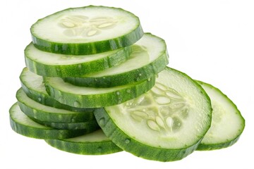 Pile up sliced cucumber top view isolated on transparent background