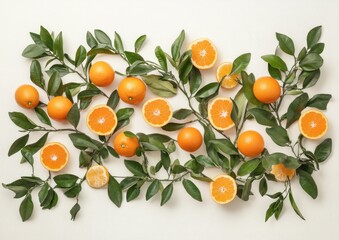 Fresh oranges and leaves arranged artfully on a white background