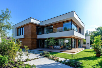 Modern house with large windows and garden on sunny day