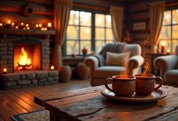 cozy cabin warm spiced cider setting rustic decor fireplace ambiance comforting home vibes, autumn, wood, warmth, interior, inspiring, inviting, tea, coffee