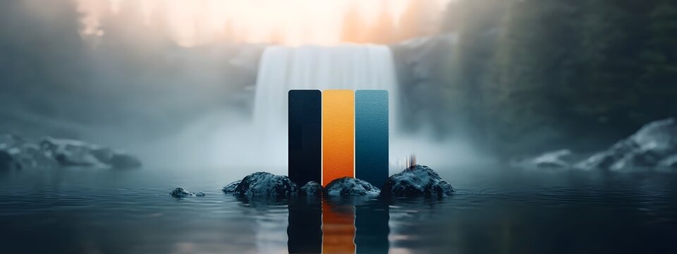 A digital depicting the frequency content of a powerful waterfall s roar represented in an abstract spectrogram inspired composition