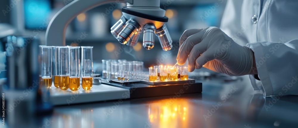 Poster the close-up view of a scientist's hand carefully adjusting the settings on a microscope, focused on