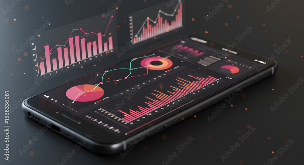 Poster pixelated mobile phone displaying data analysis graphs on dark background with geometric shapes