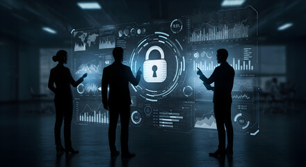 Silhouetted People Analyzing Digital Data Security Lock on Holographic Screen with Dark Room Background
