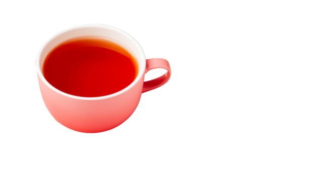Cup of tea with tea, in pink cup on black background, cut out transparent