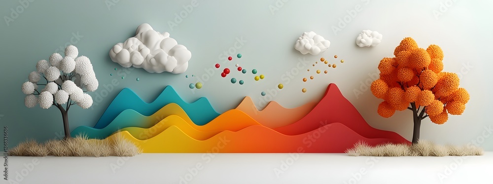 Poster a digitally rendered abstract landscape featuring geometric shapes and vibrant colors symbolizing th