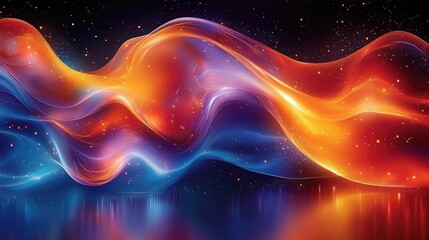 Fototapeta premium Vibrant abstract waves of orange, purple, and blue flowing over a reflective surface with stars