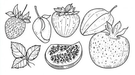 Fototapeta premium Hand-drawn Illustrations of Various Fruits and Leaves on White Background