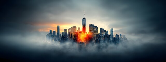 A dramatic cyberpunk inspired digital landscape featuring a towering metropolitan skyline enveloped in mist and illuminated by the glow of advanced data infrastructure and seamless connectivity