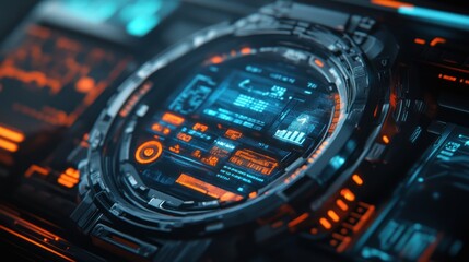 Obraz premium Futuristic digital smartwatch showing complex information on its interface.