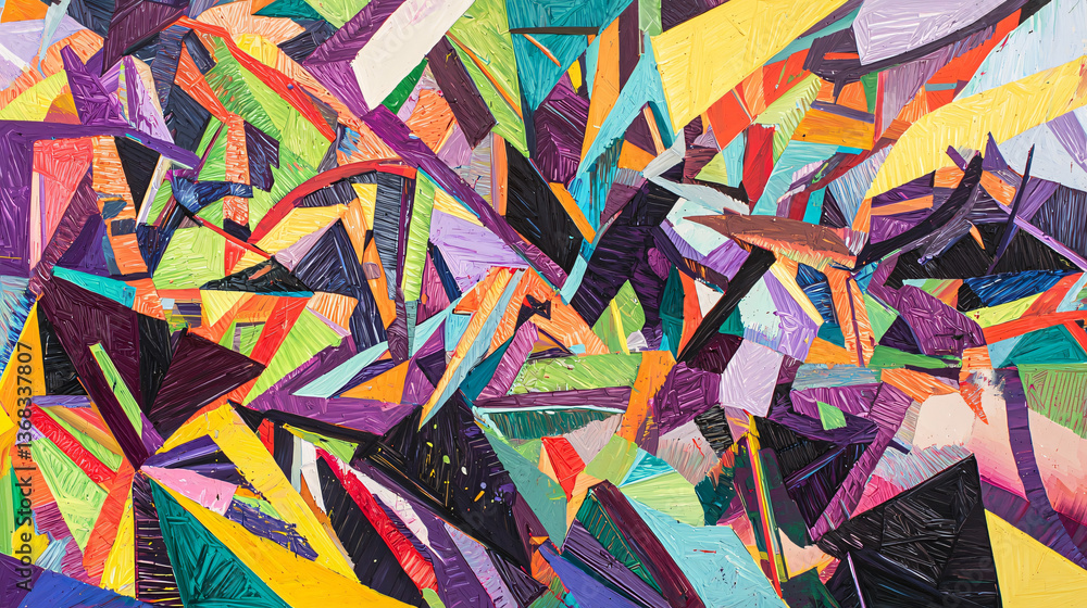 Poster eye-catching colorful abstract painting in cubist style showcasing urban movement through angular fo