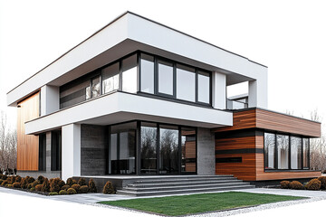 Modern house with large windows and wooden accents on white background