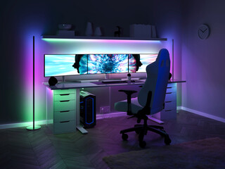 Modern gaming room with gradient LED lighting. 3D render