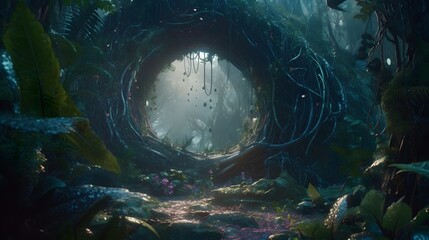 A Breathtaking Jungle Portal Intertwining Realms with Glowing Elements, Vibrant Wildlife, and Mystical Flora