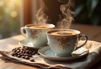warm steam rising from elegant paired coffee mugs rustic table linen aromatic cozy morning atmosphere, beverage, drink, heat, cup, espresso, ceramics