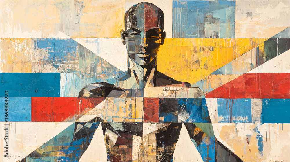 Poster cubist-inspired abstract representation of a man with a cross on his chest showcasing deconstructed 