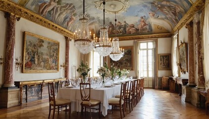 Grand Banquet Table Setting in a Palatial Room with Artwork and High Ceilings - made with Generative AI