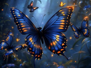 Several glowing butterflies are depicted with artistic detail and color
