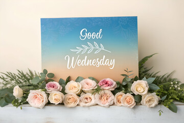 A bright card with happy wednesday message and soft pink roses on table