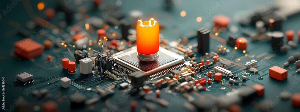 Poster a futuristic scene featuring a complex network of interconnected microchips circuits and data proces