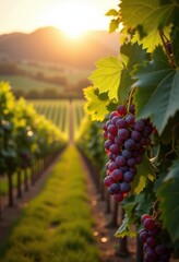 Fototapeta premium sunlit vineyard rows luscious ripe grapes bountiful harvest agricultural landscape scenic beauty nature, fruit, sunlight, plantation, field, winery, summer