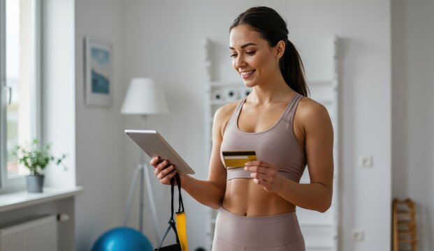 Caucasian female fitness enthusiast holding tablet and credit card indoors. Engaged in wellness and technology.