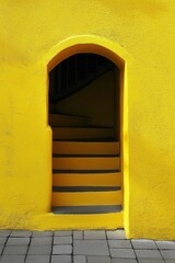 A cheerful yellow arched doorway leads to subtle gray steps, inviting exploration in a vibrant setting.