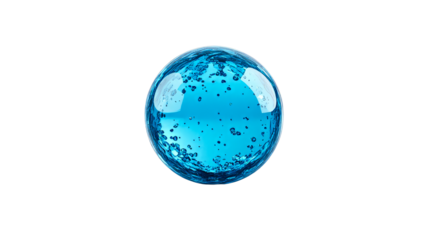 Blue water sphere with bubbles isolated on black, cut out transparent