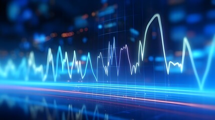 A realistic close-up of a glowing blue heartbeat line pulsating on a futuristic digital medical monitor, set against a dark high-tech background with subtle reflections and soft neon lighting