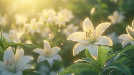 Fototapeta premium A serene field of blooming white lilies illuminated by soft sunlight.