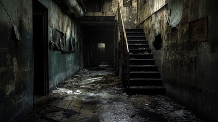 Fototapeta premium A dimly lit, decaying hallway with stairs and water damage.